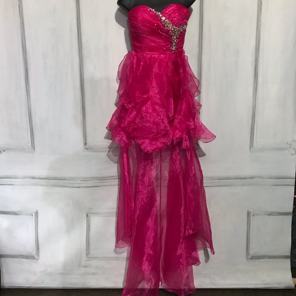 fuchsia strapless high low party dress